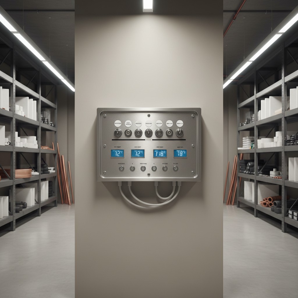 title The medical monitor has several buttons and sockets with wires below. The screens show temperatures but the room has no vi...