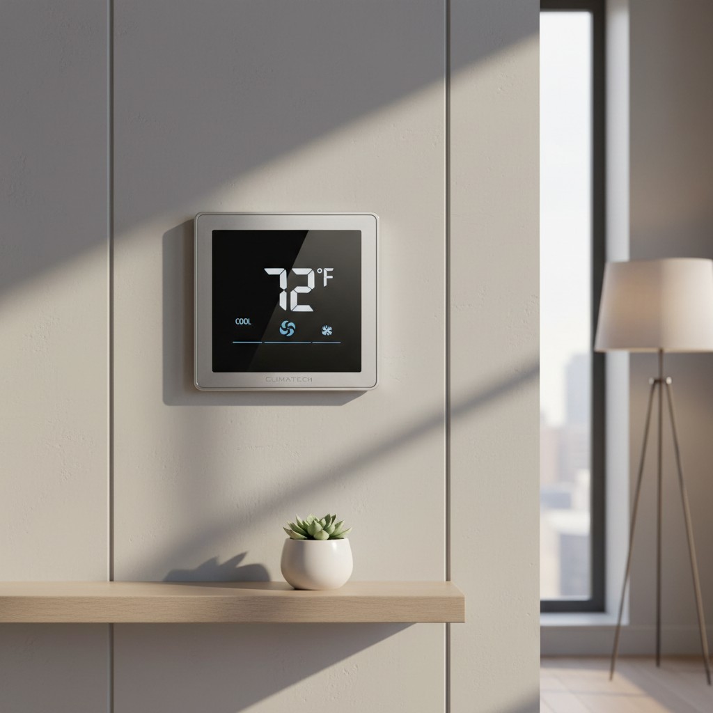 The image shows a thermostat mounted on a beige wall in a living room setting. The thermostat is square with a digital dis...