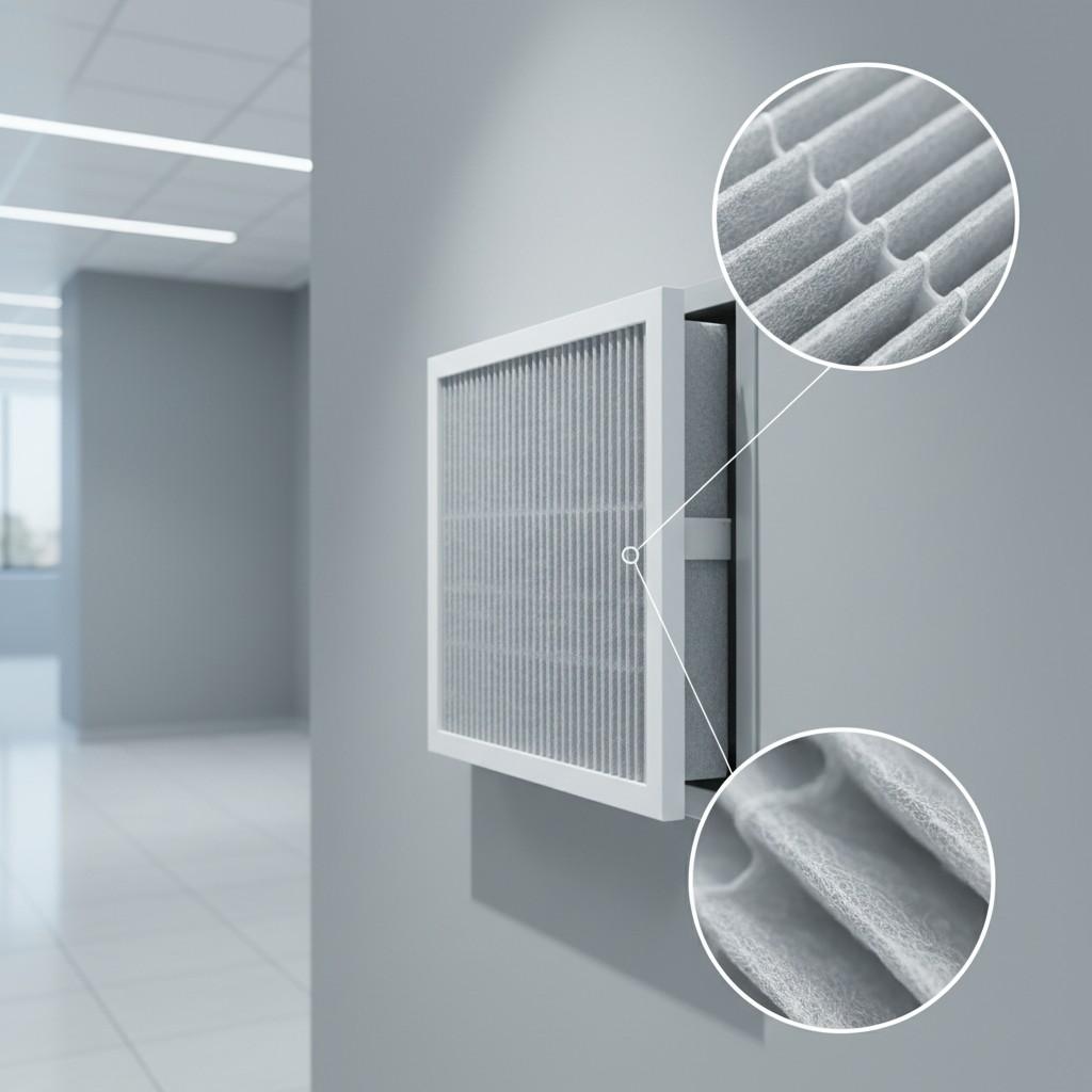 An air filter attached to an office building's wall, with close-up views of the filter's layers.