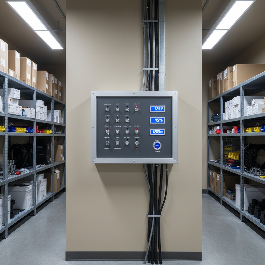 Industrial temperature display on wall, grey with buttons, blue lights, and wires.