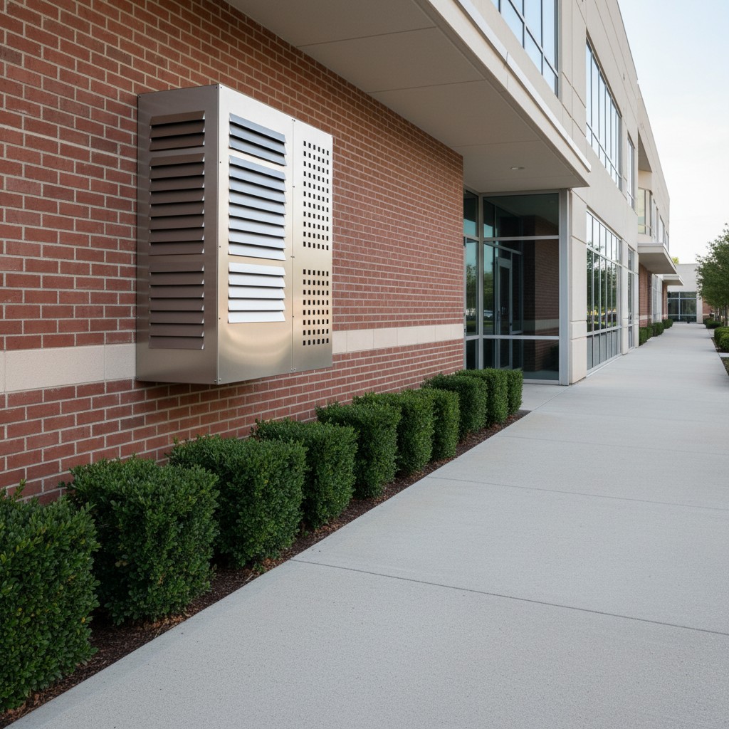 A commercial building with a large air vent window and an expansive sidewalk. The exterior of the building has a brick and...