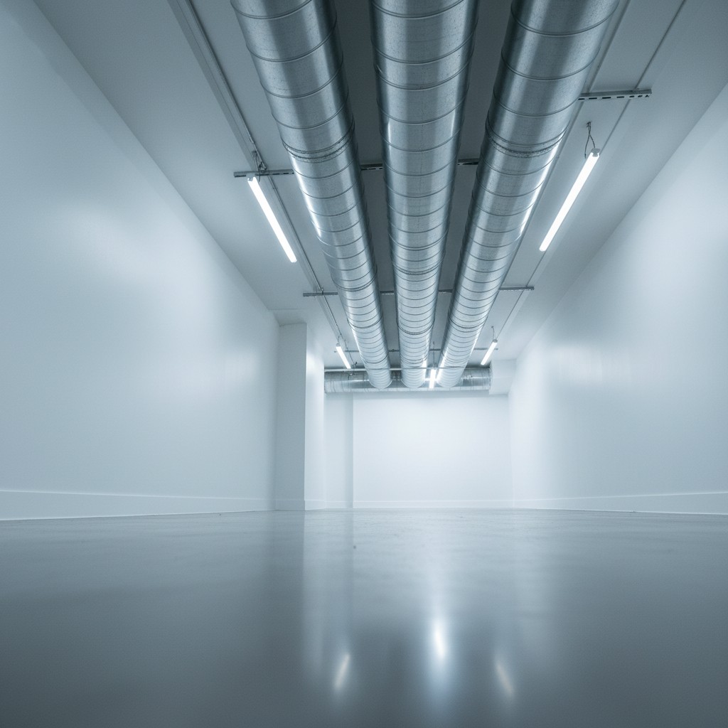 A large, empty white room with metal ductwork in the ceiling and long, horizontal fluorescent lights on the walls and ceil...