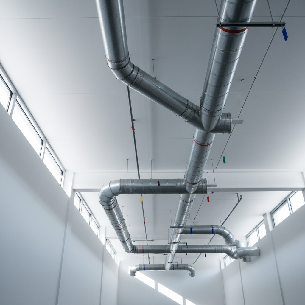 An industrial air duct system with a wide range of shiny silver tubes and walls, punctuated by bright, synthetic lighting.