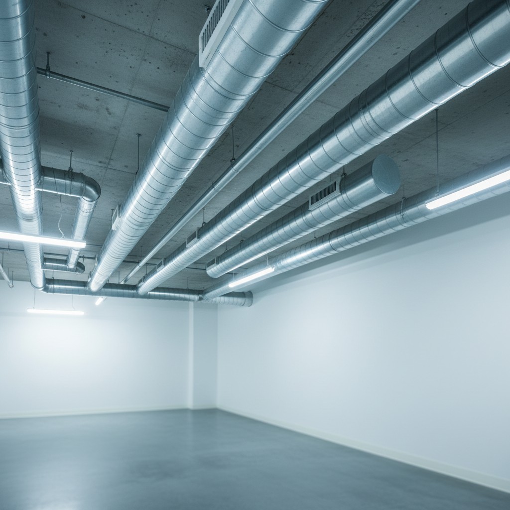 An empty room with a concrete floor and ceiling, featuring multiple large silver pipes running along the walls and ceiling.